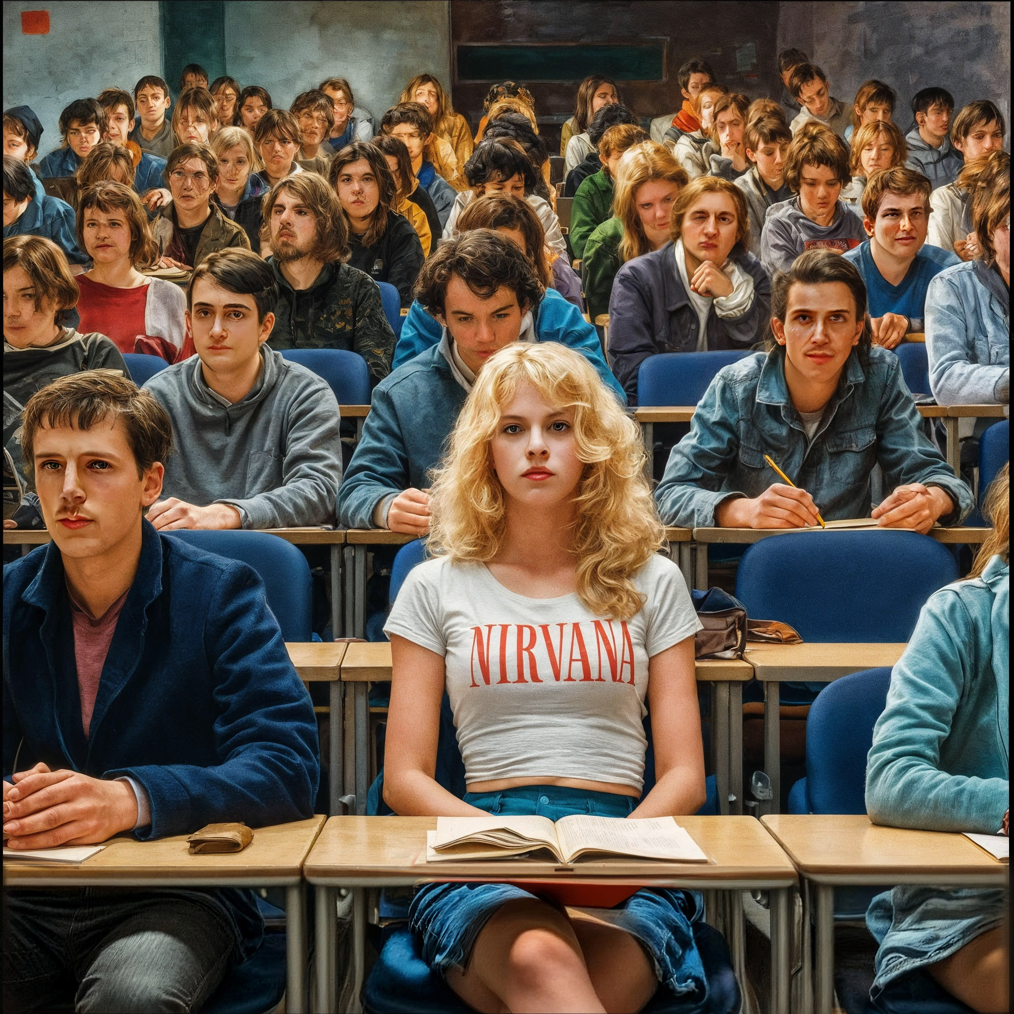 Das Titelbild zeigt einen Blick in die aufsteigenden Stuhlreihen eines Hörsaals. Vorne sitzt eine junge Frau mit lockigem blondem Haar und weißem T-Shirt mit rotem Schriftzug "NIRVANA" vor einem geöffneten Heft, umgeben von mehreren jungen Menschen, die aufmerksam den Betrachter anblicken.