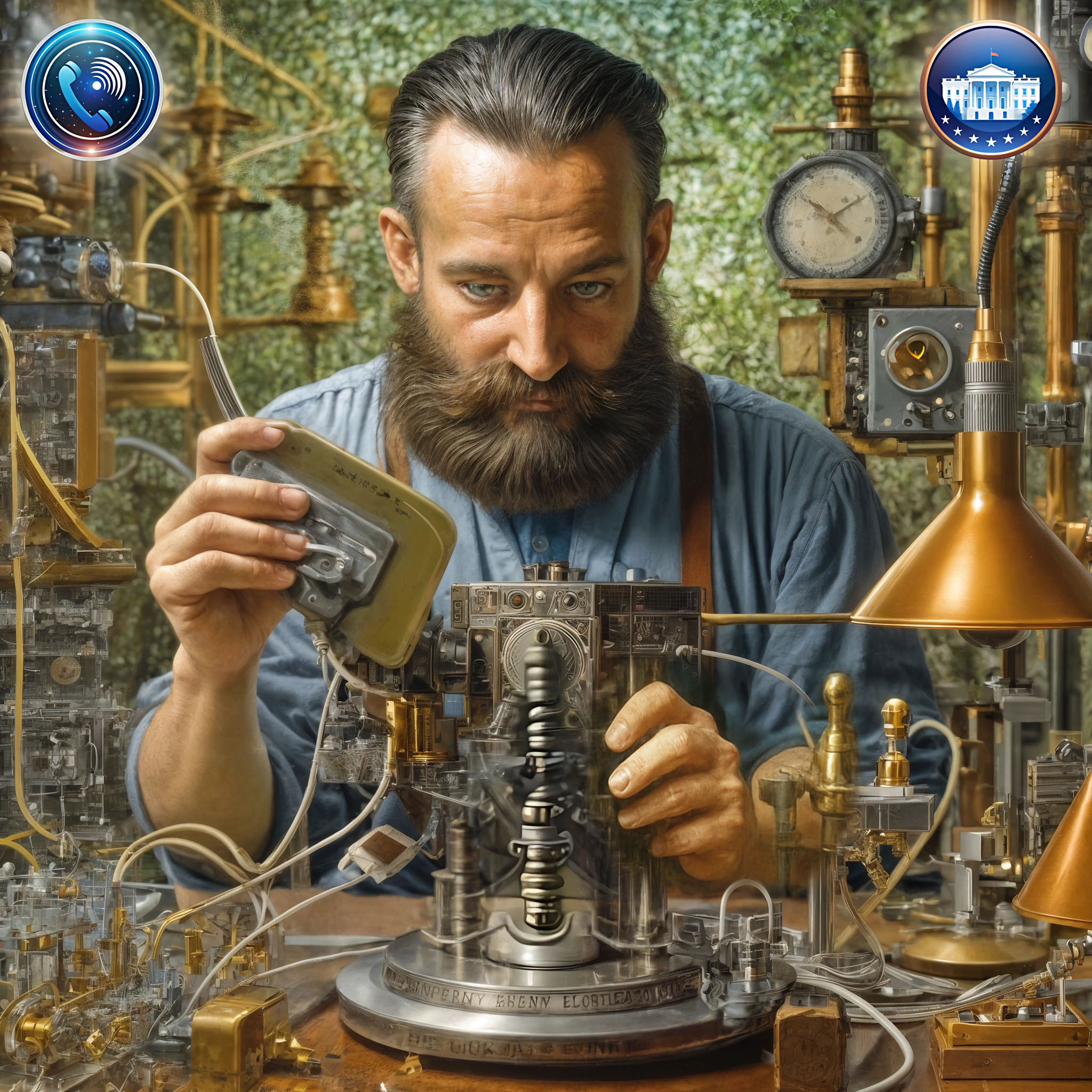 The cover art shows a man with a beard and blue work clothes, who is working concentratedly on a complex mechanical apparatus with many wires and measuring devices in a workshop with a green background. Two digital buttons in the upper corners show pictograms: one of a telephone receiver with a radio signal, the other is a representation of the White House.