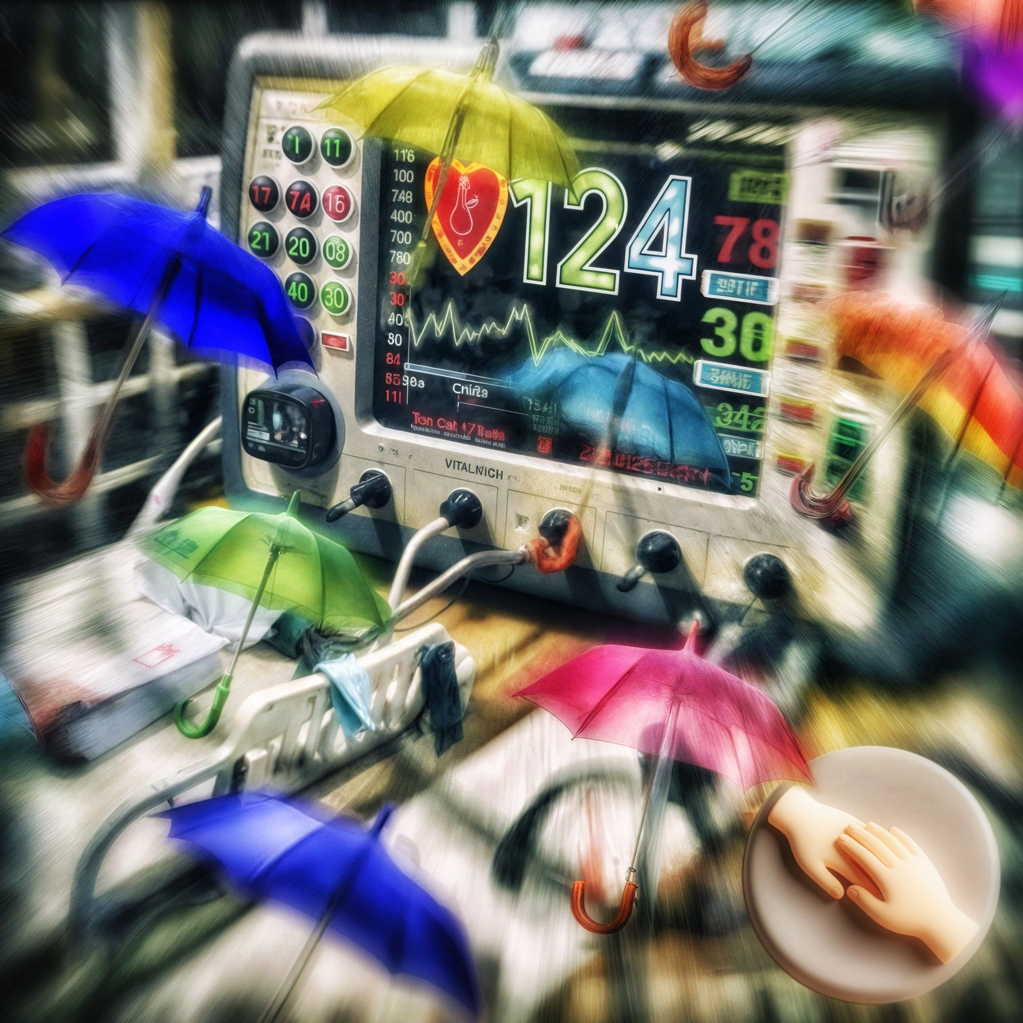 The cover art shows several colorful umbrellas floating in front of a medical monitor with a heart rate display and the number 124. A digital button on the bottom left shows the pictogram of a hand resting comfortingly on another hand.