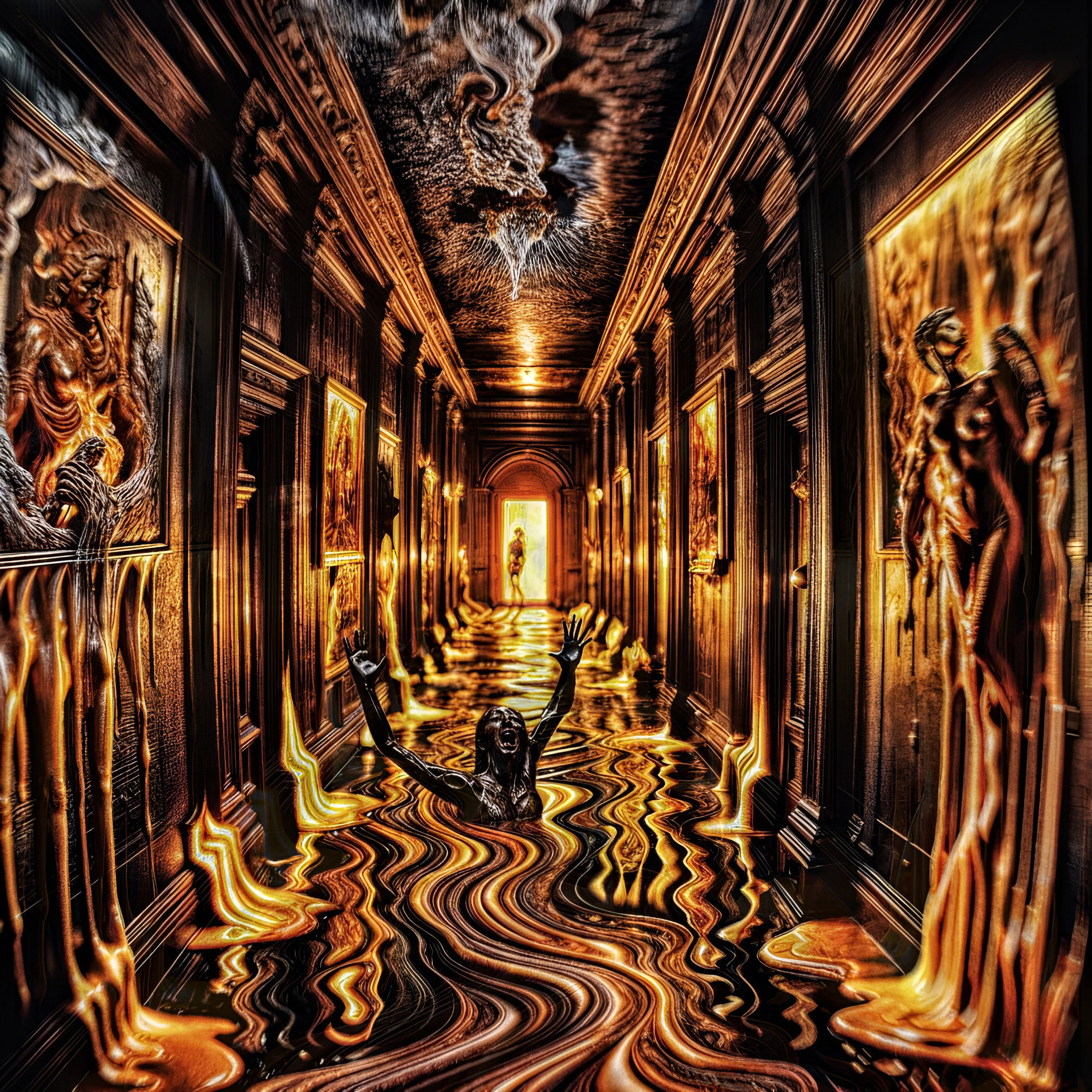 The cover art shows a hallway with burning walls and melting paintings. The floor is a liquid, glowing mass in which a person or statue is sinking with raised arms. At the end of the hallway, another person or statue stands in a bright doorway.