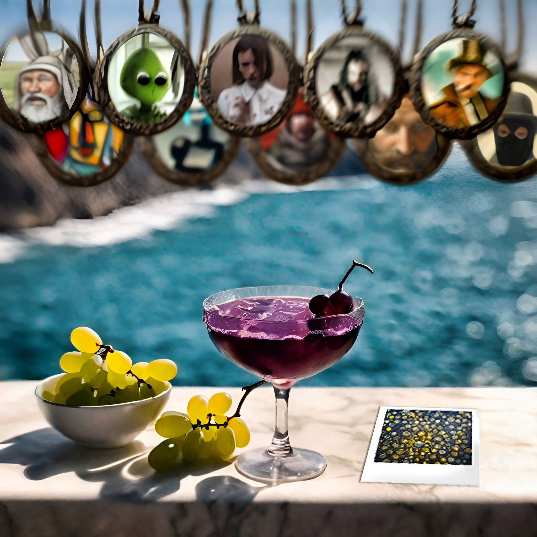 Das Titelbild zeigt, auf einer Marmorbrüstung ein Glas mit einem lila Cocktail und Kirschen neben einer Schale mit grünen Trauben und einem Polaroid-Foto, das bunte Blasen zeigt. Im Hintergrund, unscharf, das Meer und Klippen. Oben hängen, ebenfalls unscharf, Medaillons mit ovalen Abbildungen verschiedener Personen und Wesen.