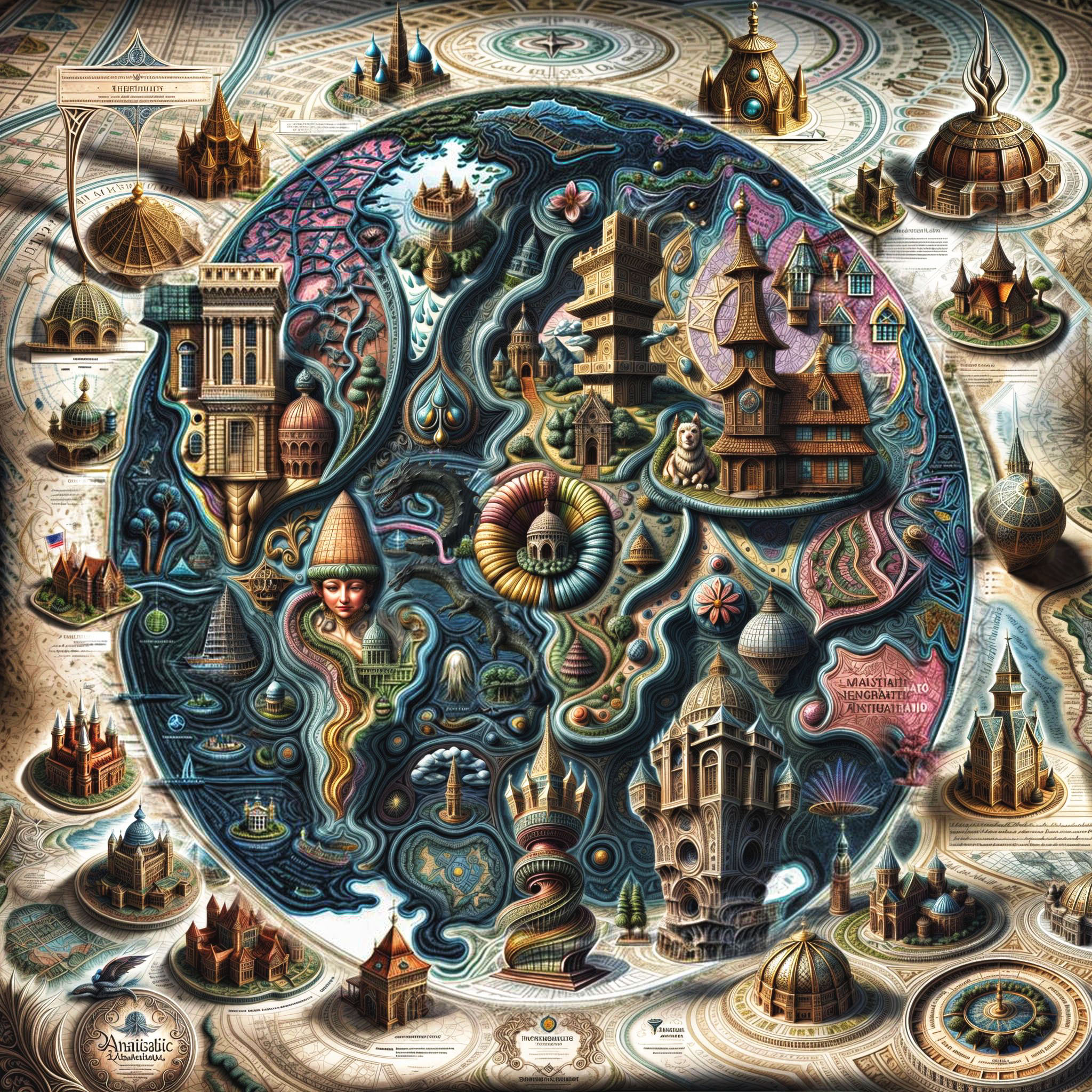 The cover art displays a circular fantasy world map, adorned with surreal, intricately detailed buildings and figures seamlessly integrated into organic, flowing shapes, further complemented by surrounding architectural elements against a pale backdrop.