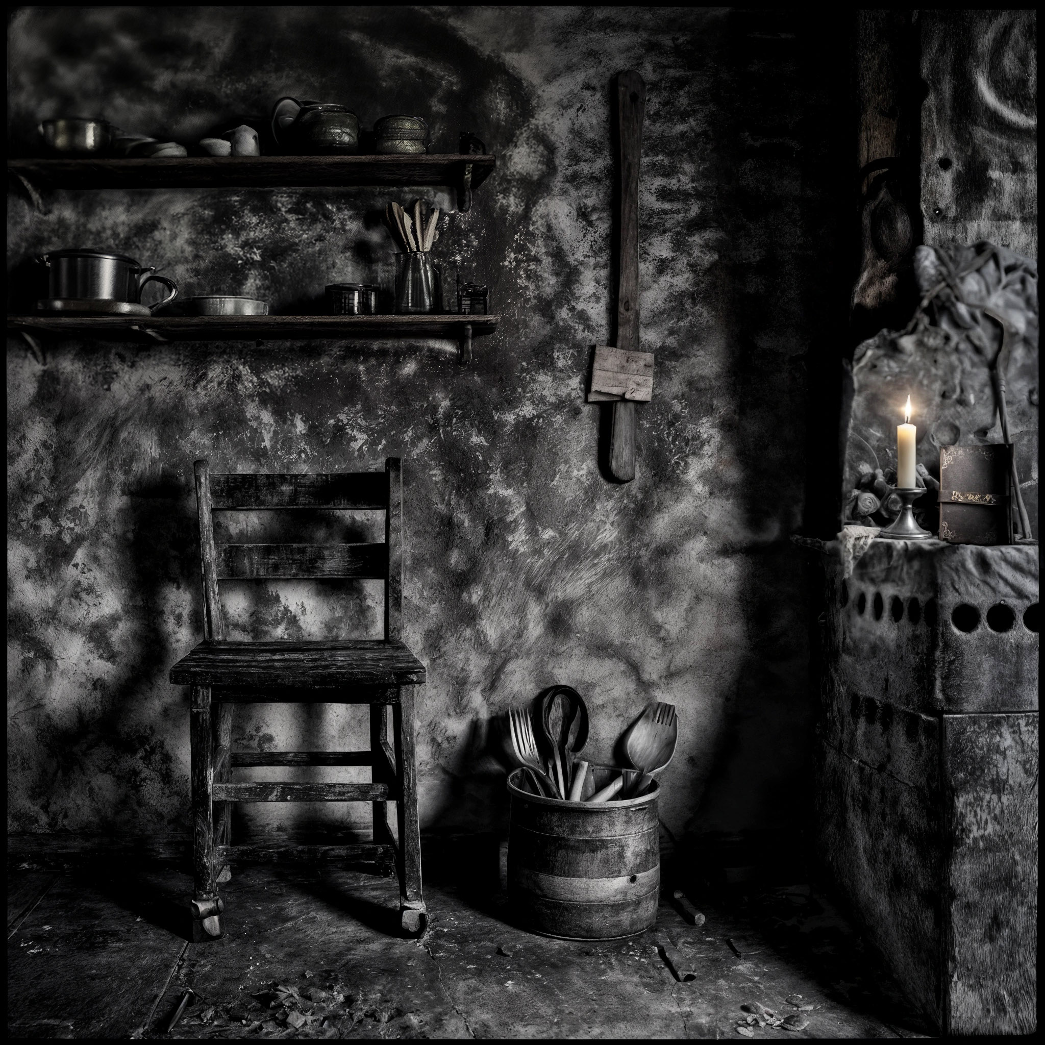 The cover art features a black-and-white shot of an old, rustic room. It includes a wooden chair, two wall shelves holding pots and containers, a wooden bin with kitchenware, and a lit candle on a stone ledge. Beside the candle rests a leather-bound notebook.