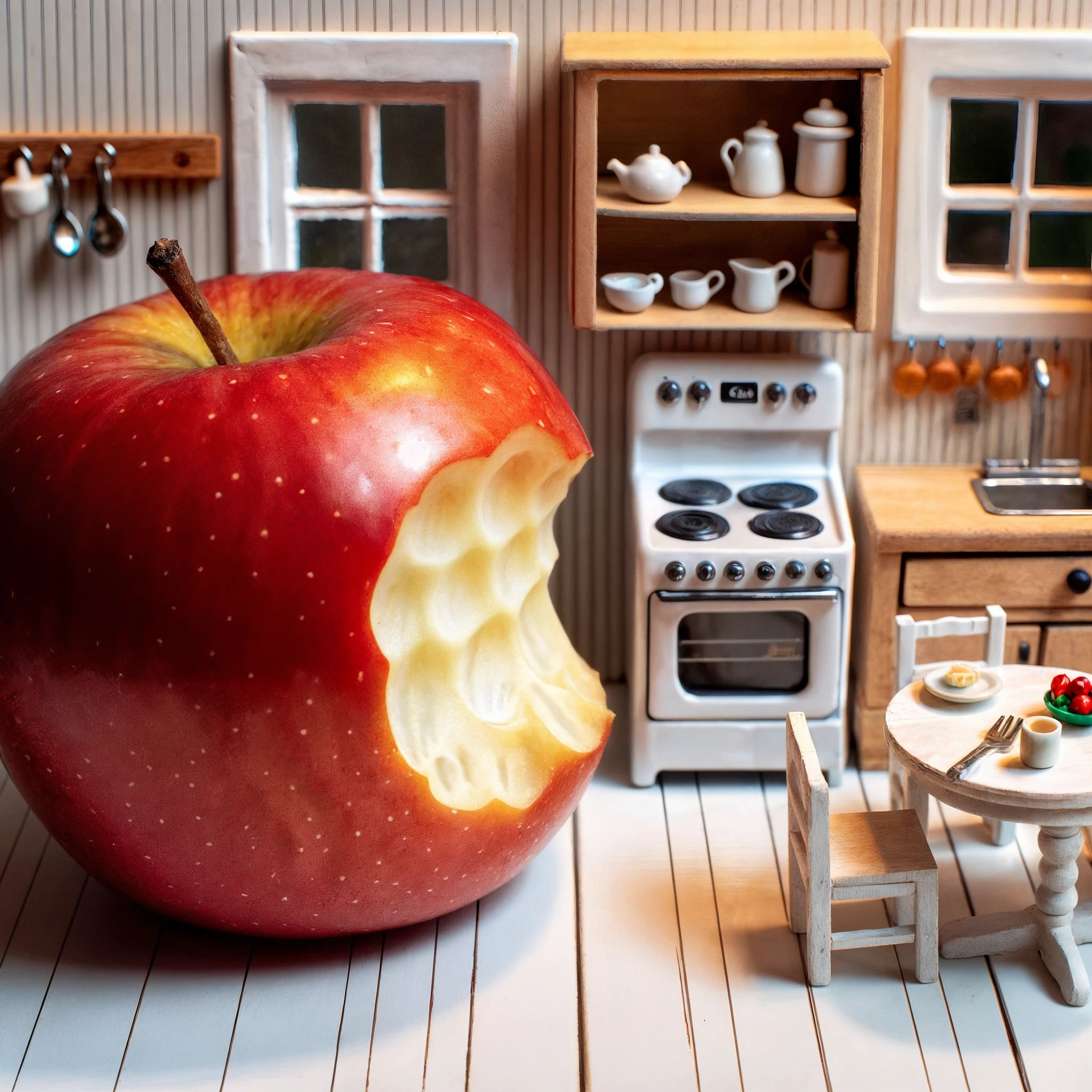 The cover art shows a large red apple with a bite taken out of it, in front of a small, detailed doll's kitchen range with a stove, cabinets, table, and chairs. 