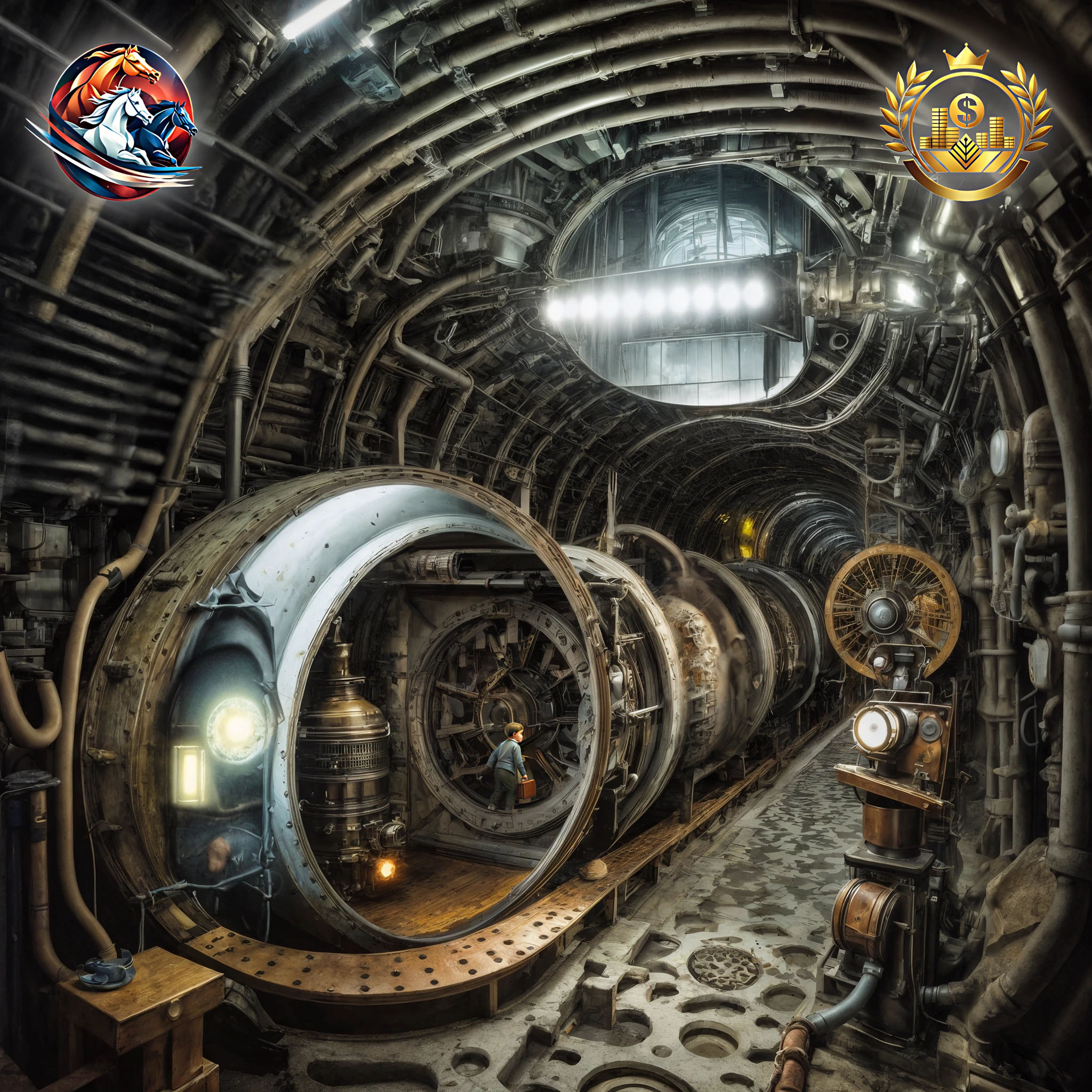 The cover art shows a view into a large factory hall, in which a long, round tunnel is set up, surrounded by complex mechanical apparatuses. A child with a briefcase stands in the entrance of the tunnel. Two digital buttons in the upper corners show pictograms: three running horses on the left and a table with stacks of dollar coins on it on the right.