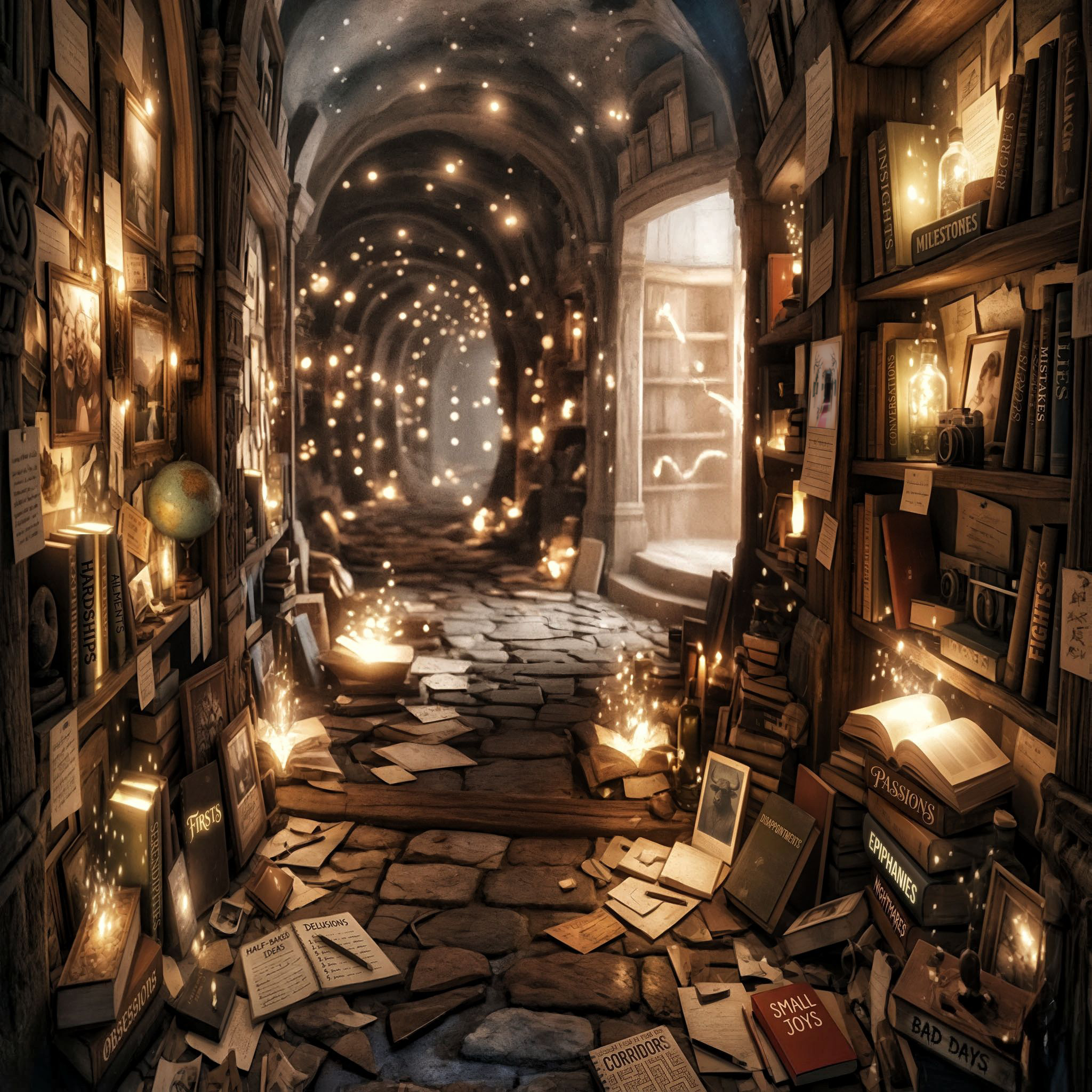Das Titelbild zeigt einen langen, gewölbten Gang mit Steinboden, gesäumt von Regalen voller Bücher und verstreuten Papierseiten, beleuchtet von vielen kleinen, schwebenden Lichtpunkten.