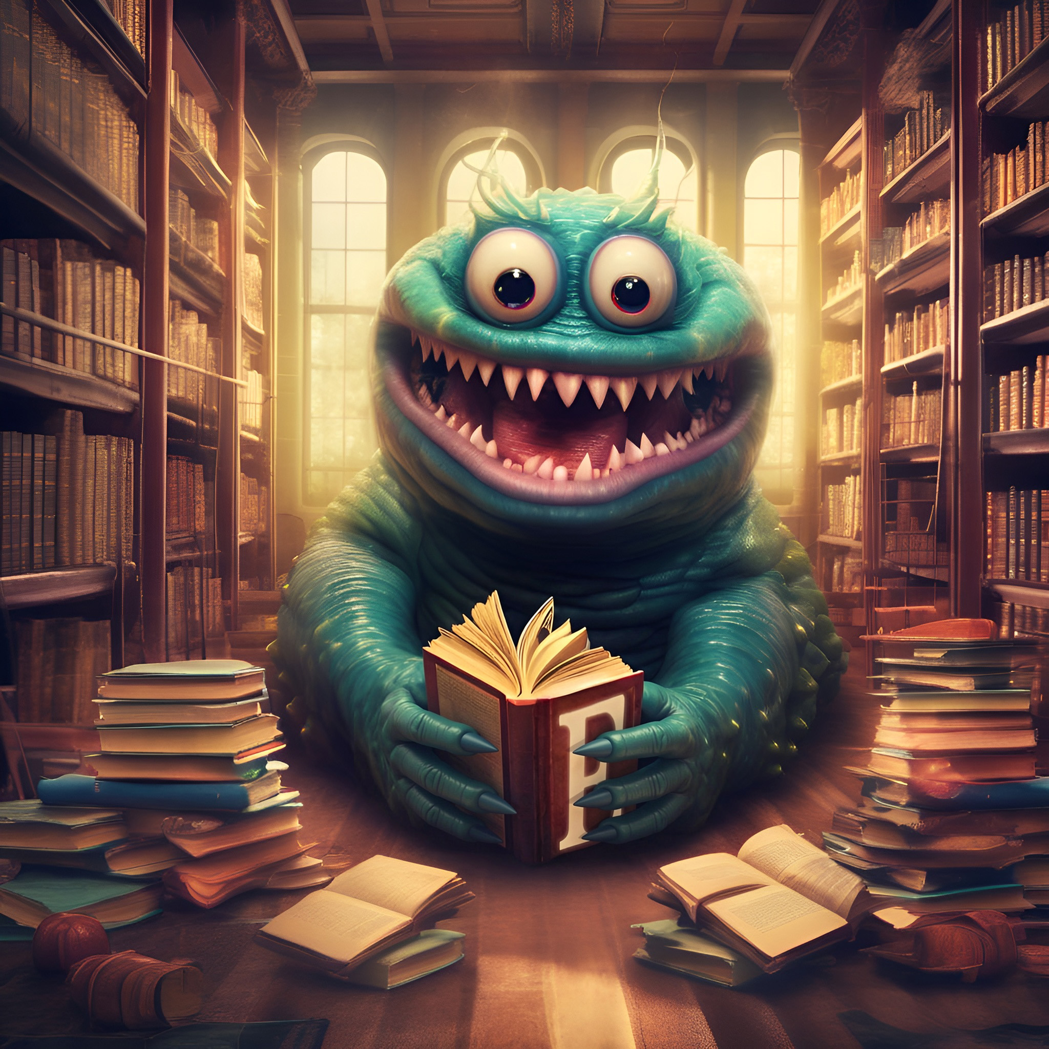 Das Titelbild zeigt ein freundliches, blau-grünes Monster mit großen Augen und spitzen Zähnen in einer Bibliothek zwischen Bücherregalen, ein aufgeschlagenes Buch mit dem Titel "E" in den Klauen.
