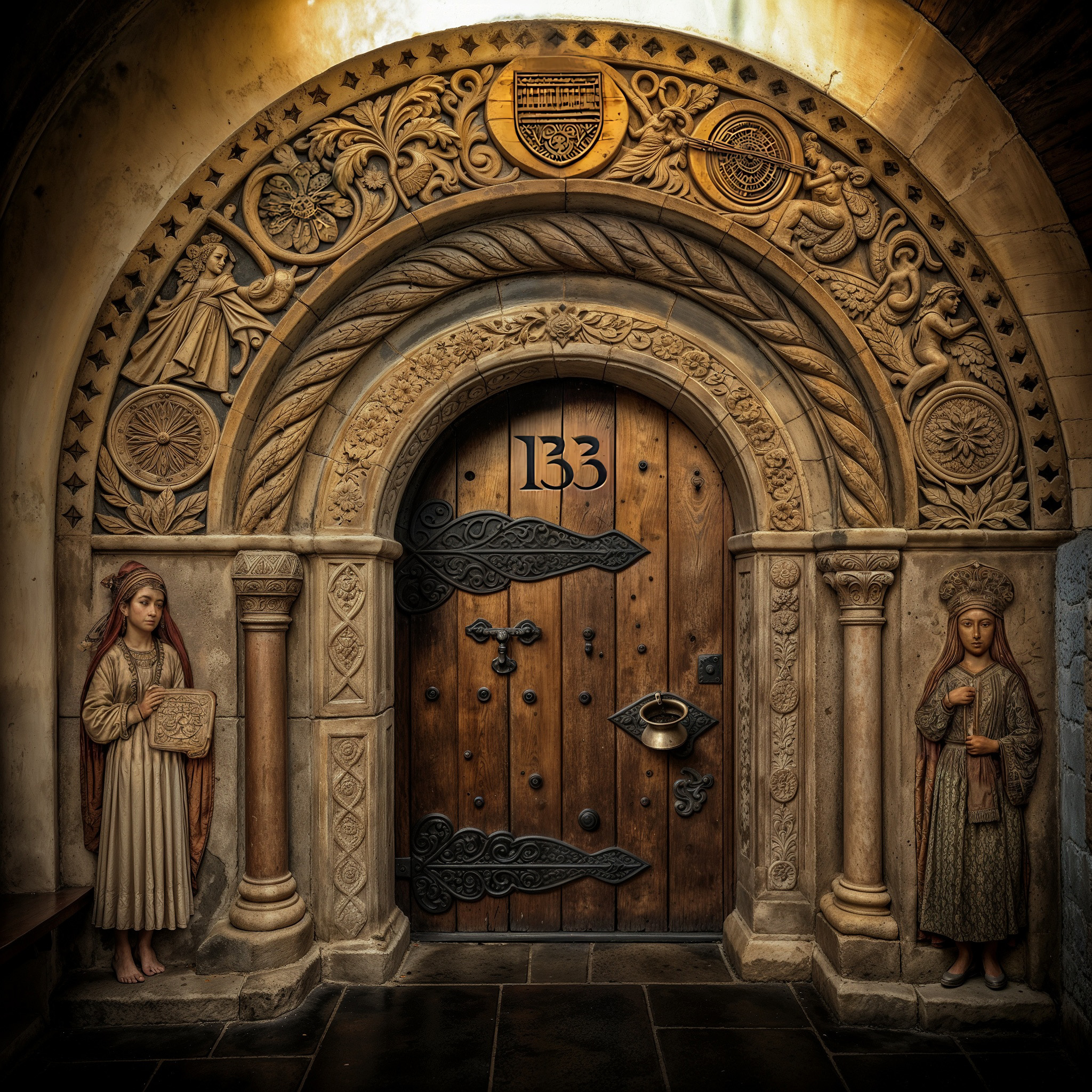 The cover art shows a wooden door with the number "133" in a stone archway with floral and figural reliefs, flanked by two stone statues in historical clothing. Instead of a doorknob, a metal bowl is attached to the door.