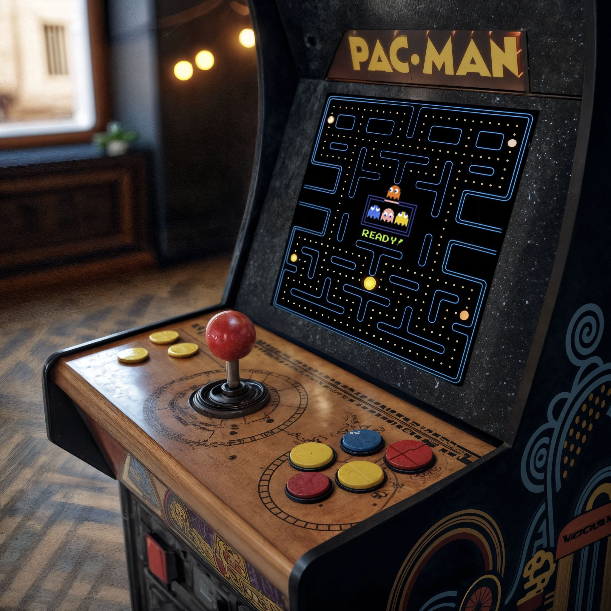 The cover art features an arcade cabinet, its screen alive with Pac-Man, complete with a bold red joystick and a cluster of colorful buttons on the console.