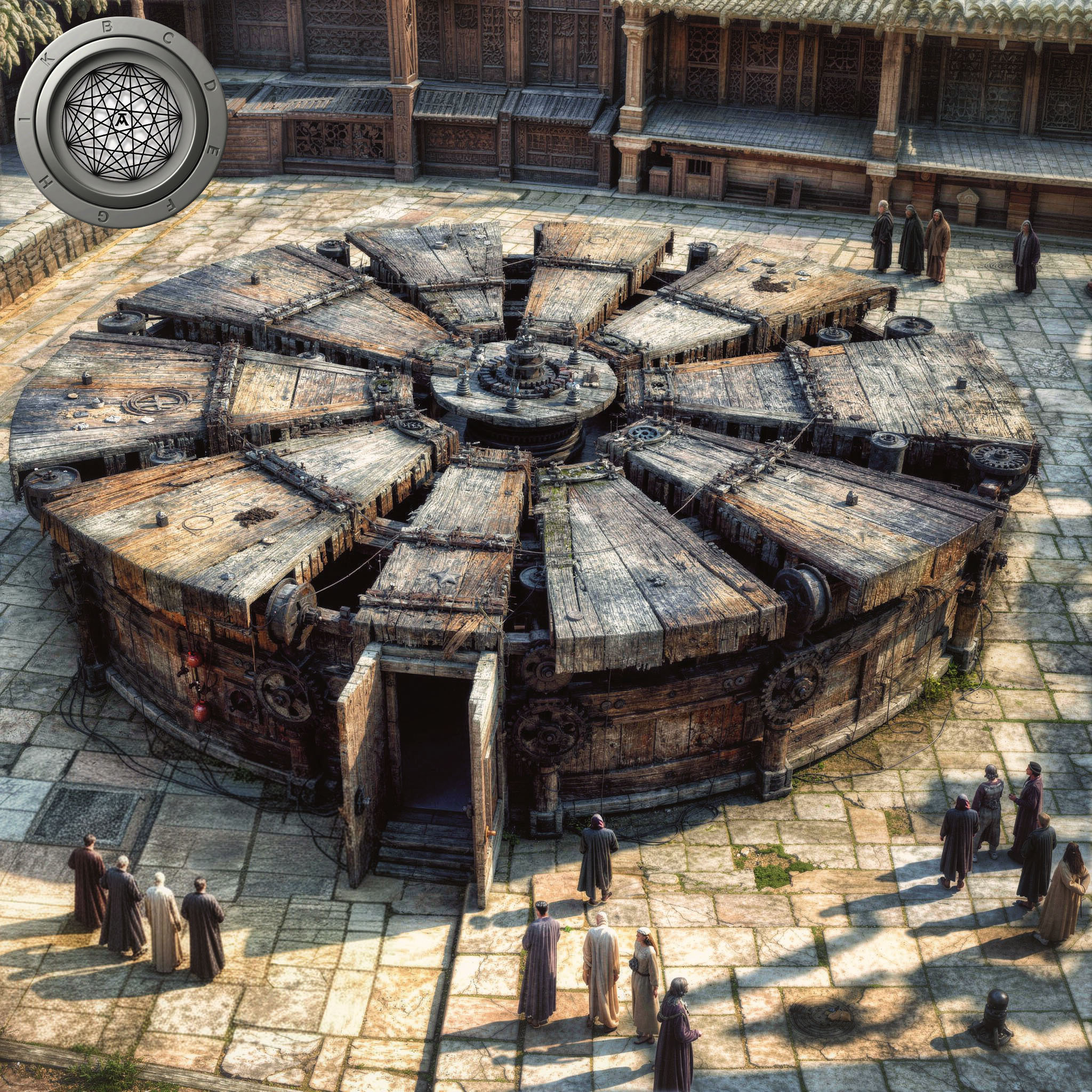 The cover art shows a large, round, mechanical structure made of wood with several segments and open doors, surrounded by people in historical garb on a paved courtyard in front of a building with arcades. A digital button in the upper left shows a complex diagram surrounded by letters.