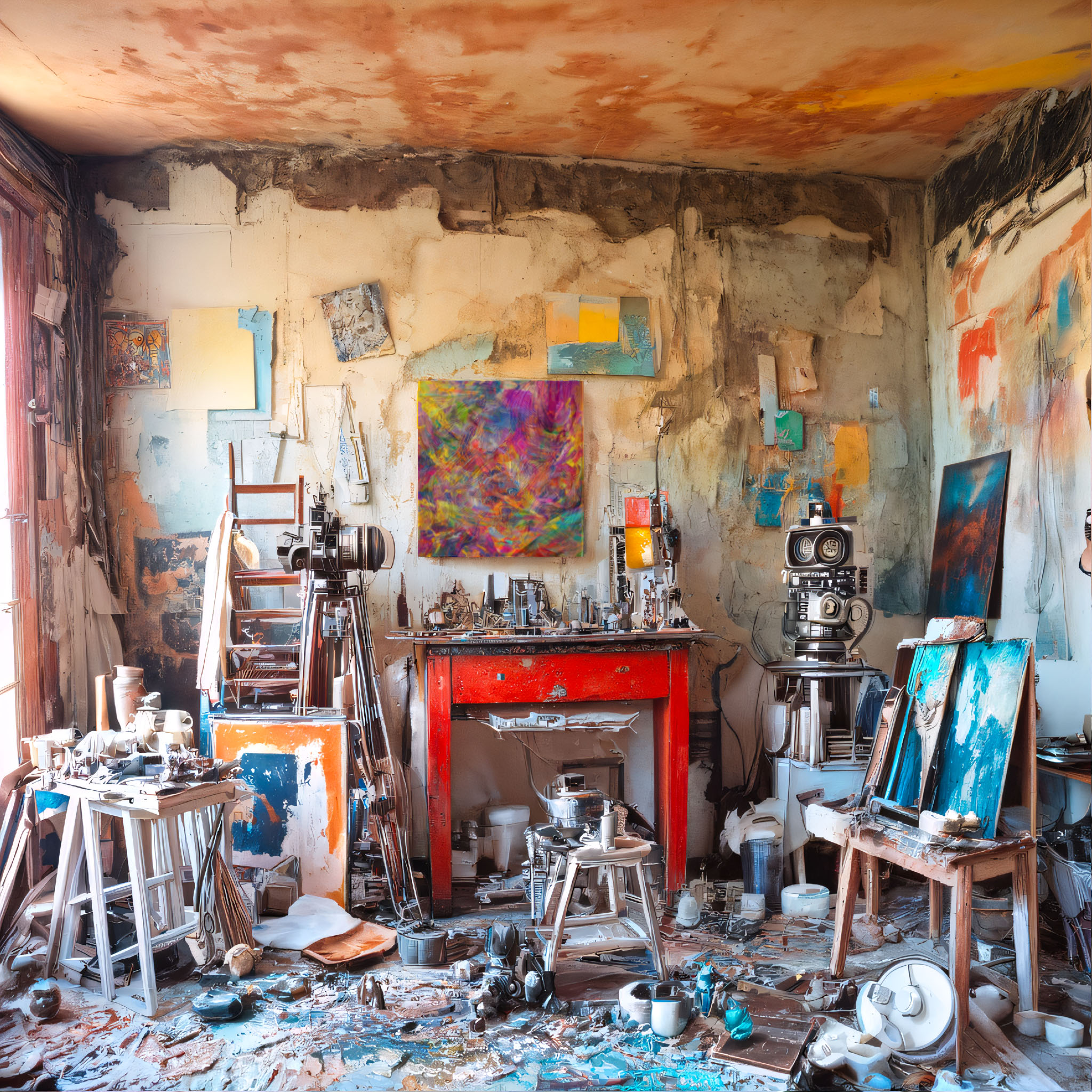 The cover art depicts a cluttered artist's loft, its walls bearing the marks of time. A vibrant red table anchors the space, surrounded by easels, scattered art supplies, and metallic implements resting on the floor and stools. Dominating the background, an abstract canvas is suspended against the wall.
