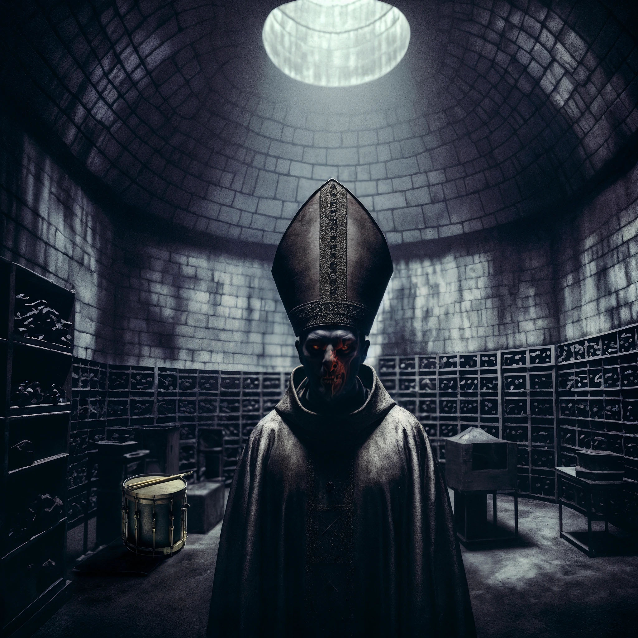 The cover art shows a man with red paint on his face. He wears a bishop's mitre and a dark robe and looks at the viewer. He stands in a dark, church-like room with a high dome and a light source from above, in the background shelves with many small compartments. To the left stands a modern drum.