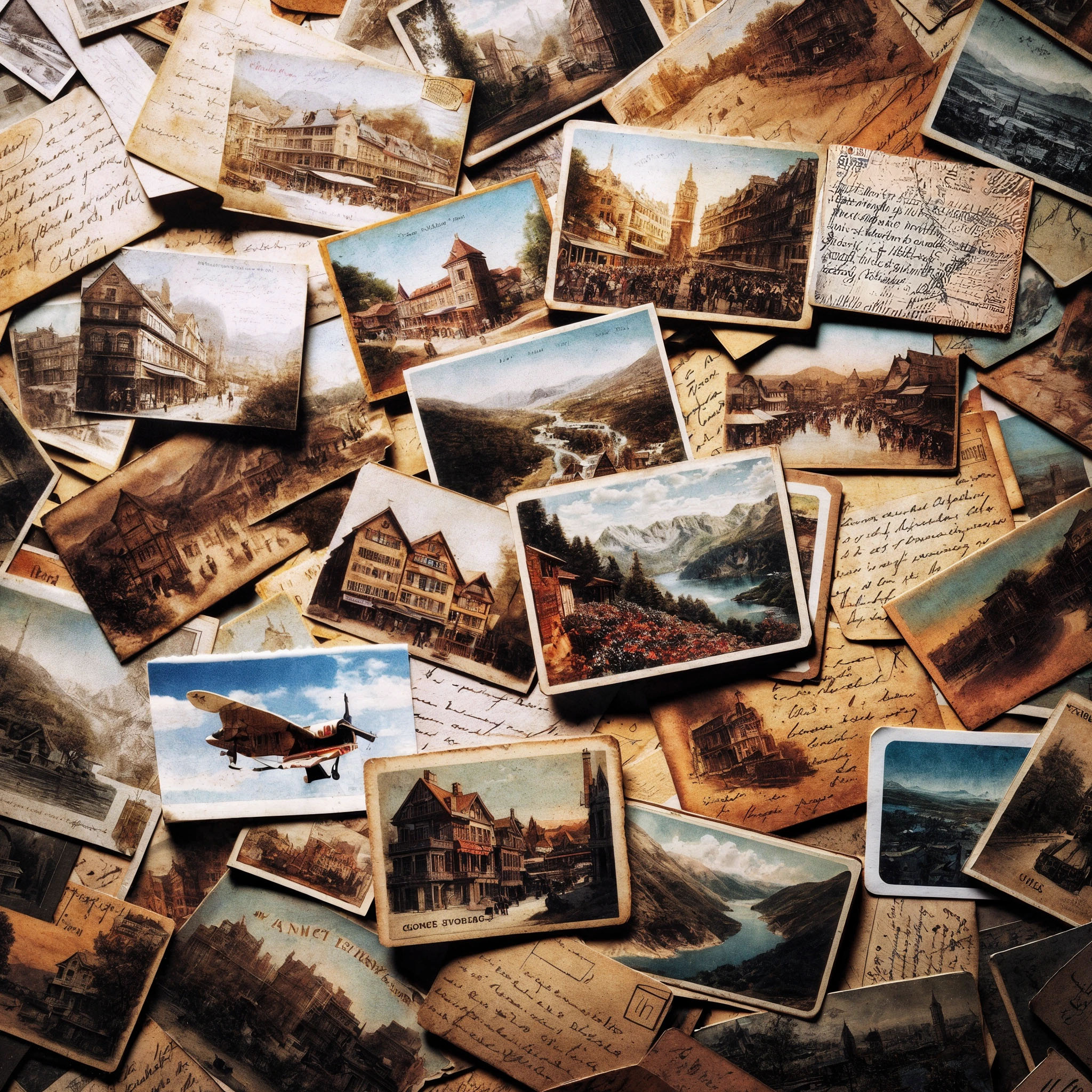 The cover art shows a pile of old postcards with landscapes, buildings, and an airplane. Some show their written side, but everything is illegible, and stamps are missing.