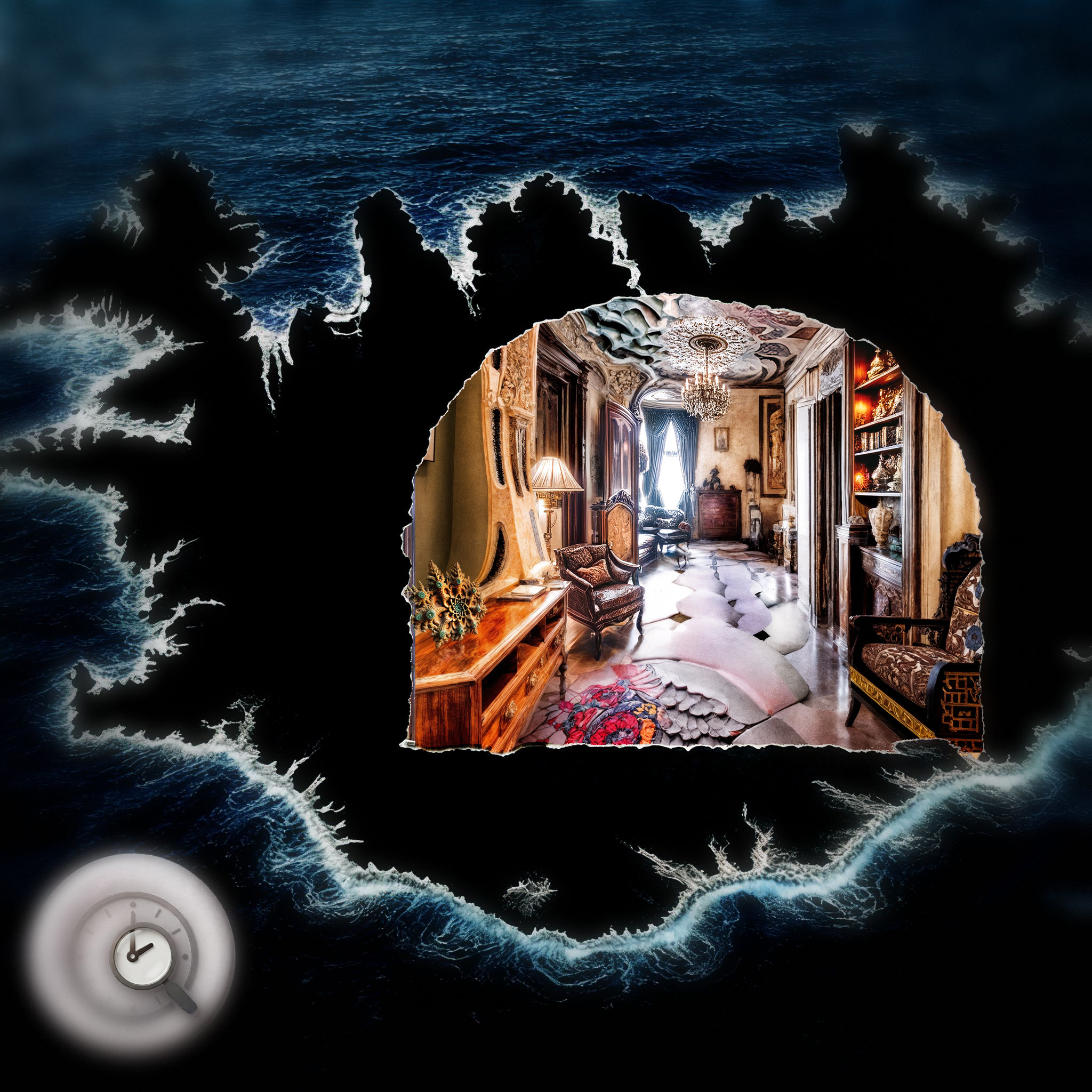 Das Titelbild zeigt in Vogelperspektive Meeresbrandung an einer zerklüfteten, komplett schwarzen Insel, innerhalb derer eine Art Fenster den Blick auf ein Zimmer mit antiken Möbeln und verzierten Decken zeigt. Ein digitaler Button links unten zeigt das Piktogramm eines Ziffernblatts, bei dem eine Lupe den Stundenzeiger vergrößert. 