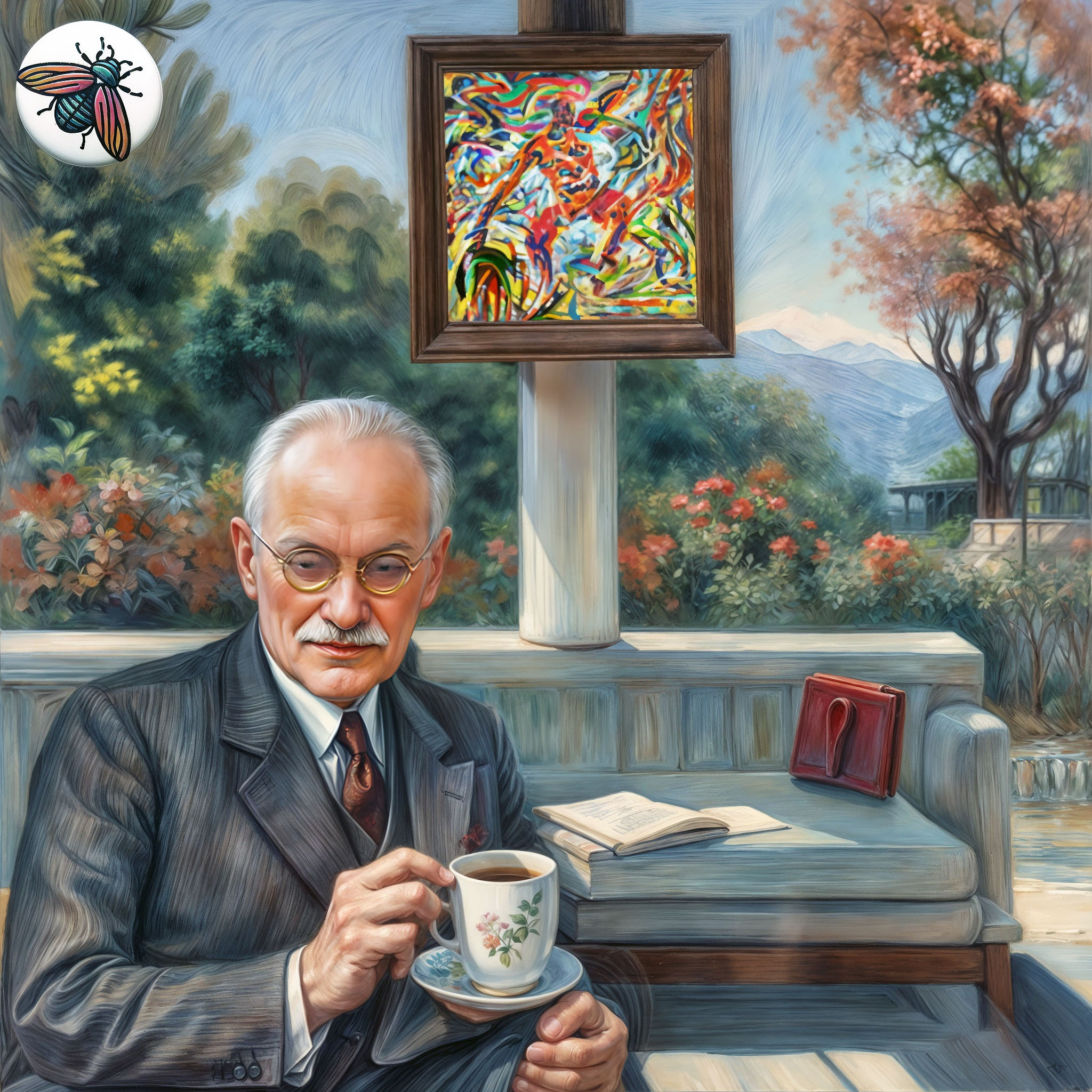 The cover art depicts a suited gentleman enjoying tea on a garden patio. Resting on a sofa-like bench behind him are an open book and a crimson portfolio. An expressionist artwork of a dancer adorns a nearby pillar. Top-left, a digital icon displays a beetle with unfurled wings.