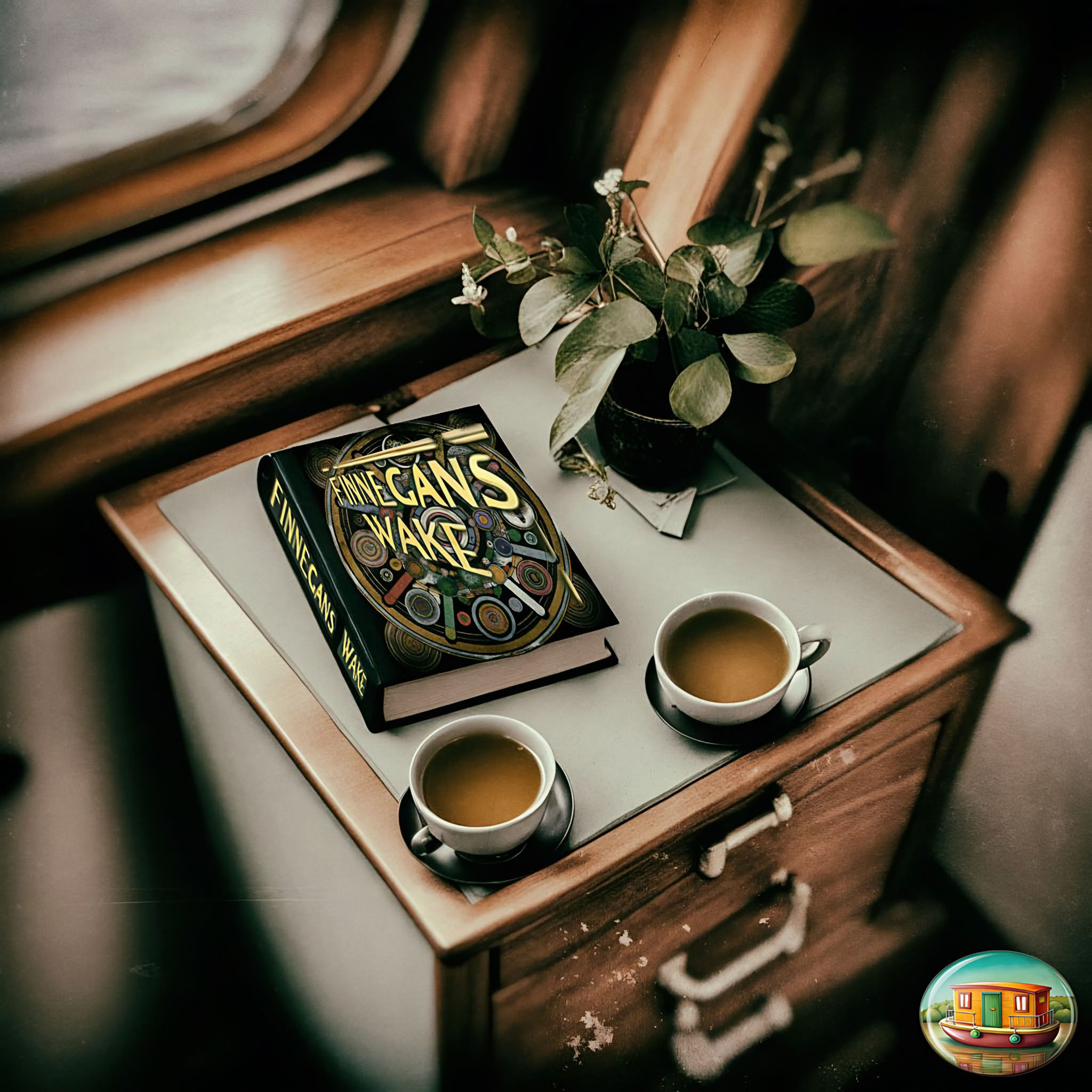 The cover art shows two cups of tea and a copy of "Finnegans Wake" on a small table with drawers in front of a window. In the lower right, a plaque with the image of a houseboat is inserted.