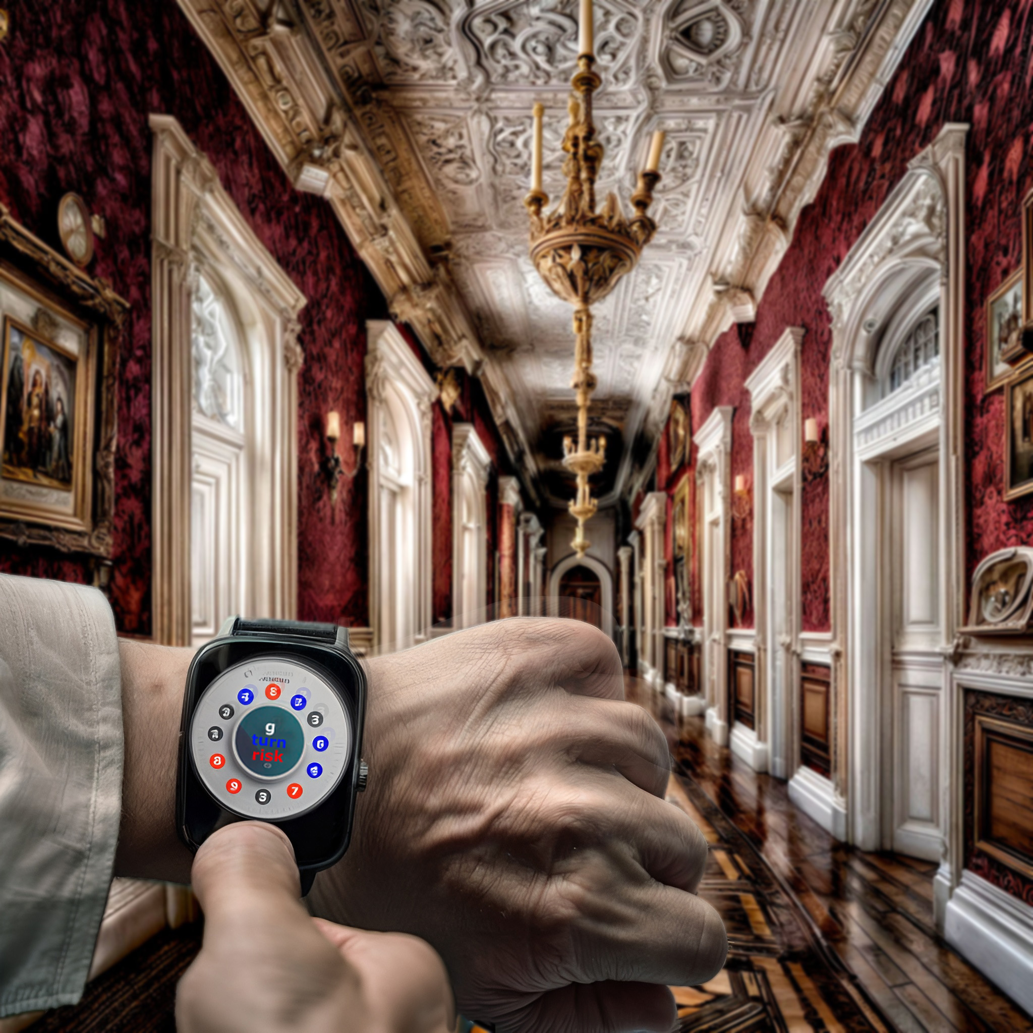 The cover art shows the view of a person looking at their smartwatch in a luxurious hallway with intricate carvings and a chandelier hanging from it. The watch features an app displaying the "g force risk" with a concentric ring of colored numbers. 