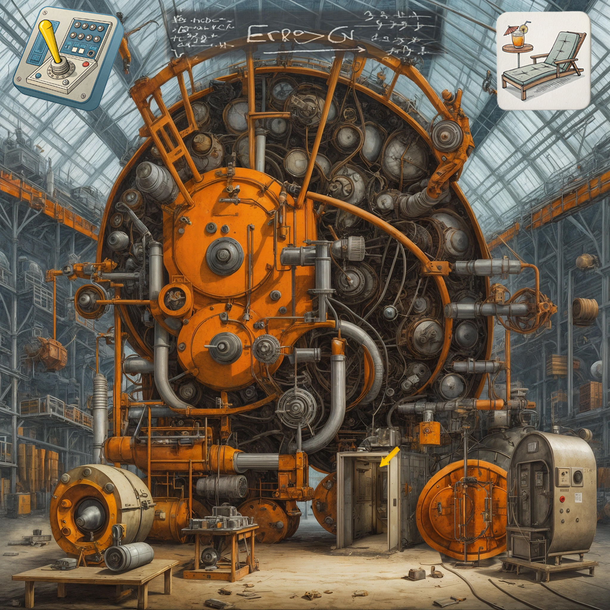 The cover art depicts large industrial machine in a factory. A yellow arrow is attached to an entrance and points to it. Insets in the upper corners show illustrations of a control panel with a joystick on the left, and a recliner with a cocktail on the right. In the middle, an indecipherable formula is inserted.
