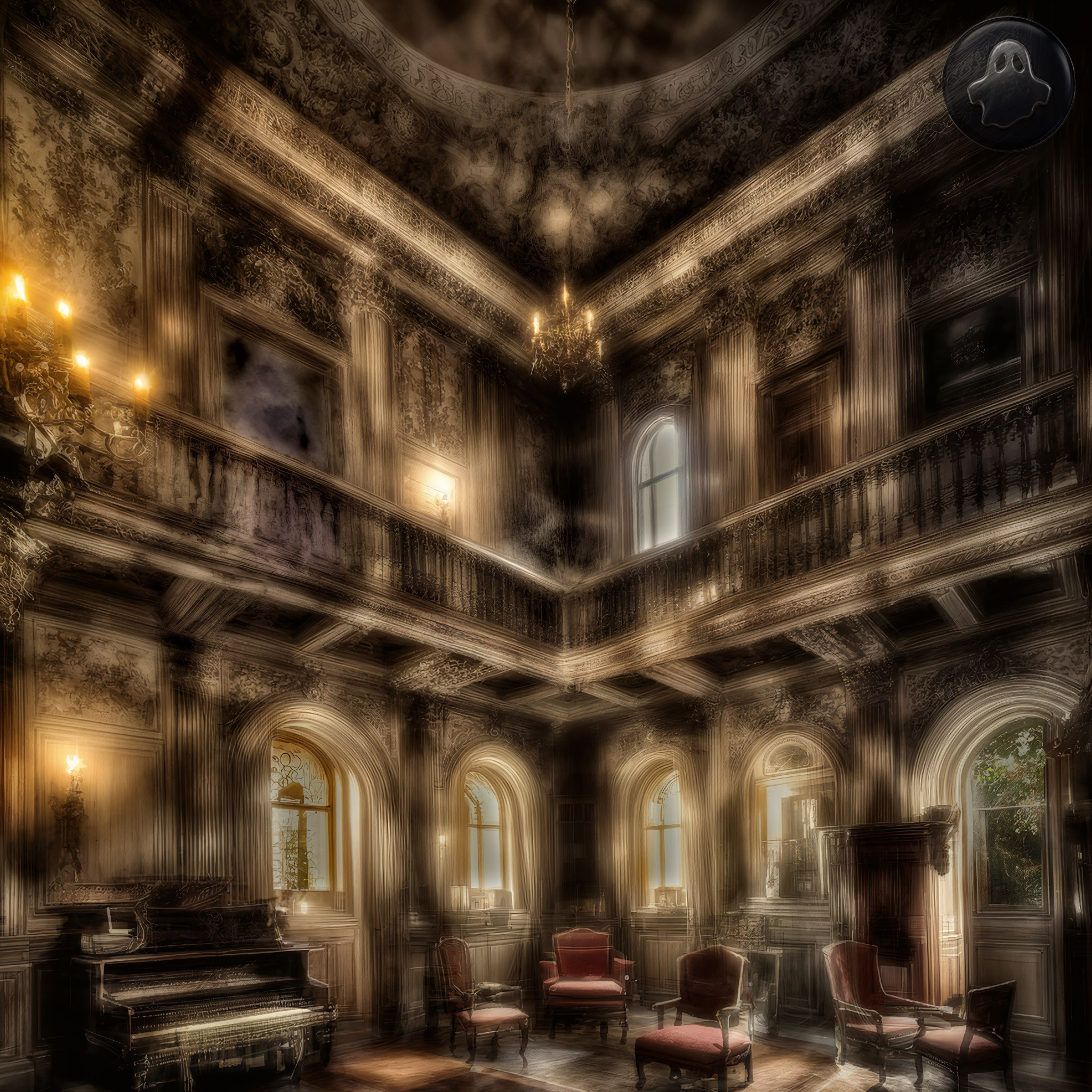 The cover art depicts a luxurious room with a high ceiling, ornate decorations, a balcony and a grand piano on the left, with a chandelier hanging from the ceiling. The lighting and mood are misty and blurry. 