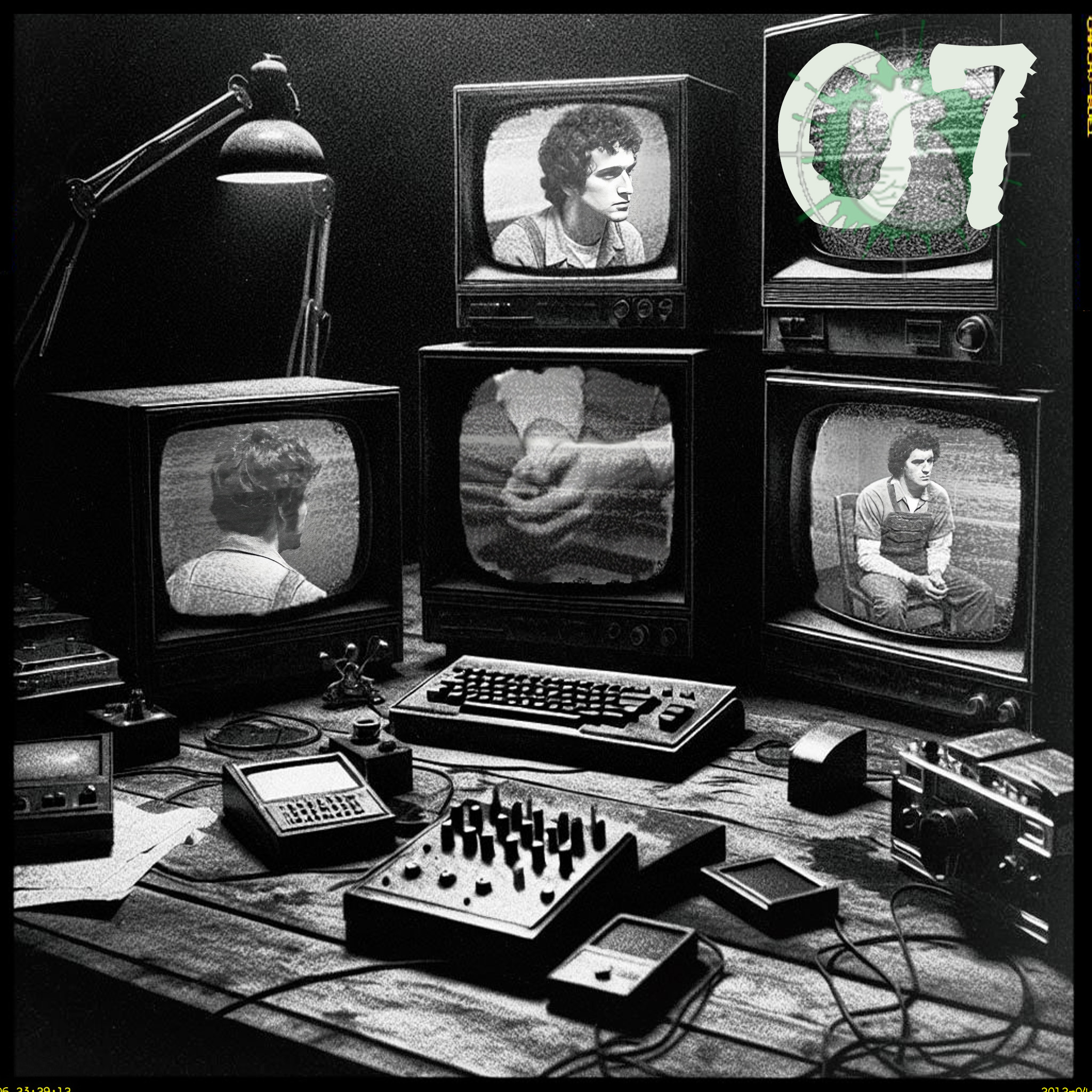 The cover art features a stark black-and-white photograph with a visible cut border. It shows a desk with multiple old-fashioned televisions or surveillance monitors stacked on top of each other. They show, from different perspectives, a man sitting on a chair. An upper-corner overlay displays the number 07 over the pictogram of a human heart in the crosshairs.