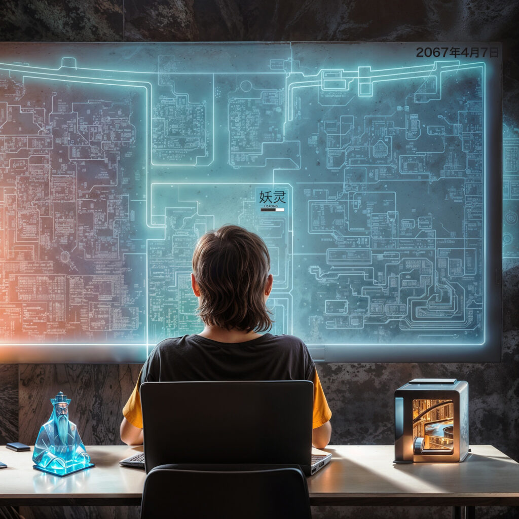 The cover art depicts a boy seen from the back, seated at a desk adorned with peculiar items: to his left, a hologram of an elderly Chinese gentleman; to his right, a small cube with a glowing interior. Dominating the view on the large screen before him is an unfolding diagram, labeled "2067年4月7日."