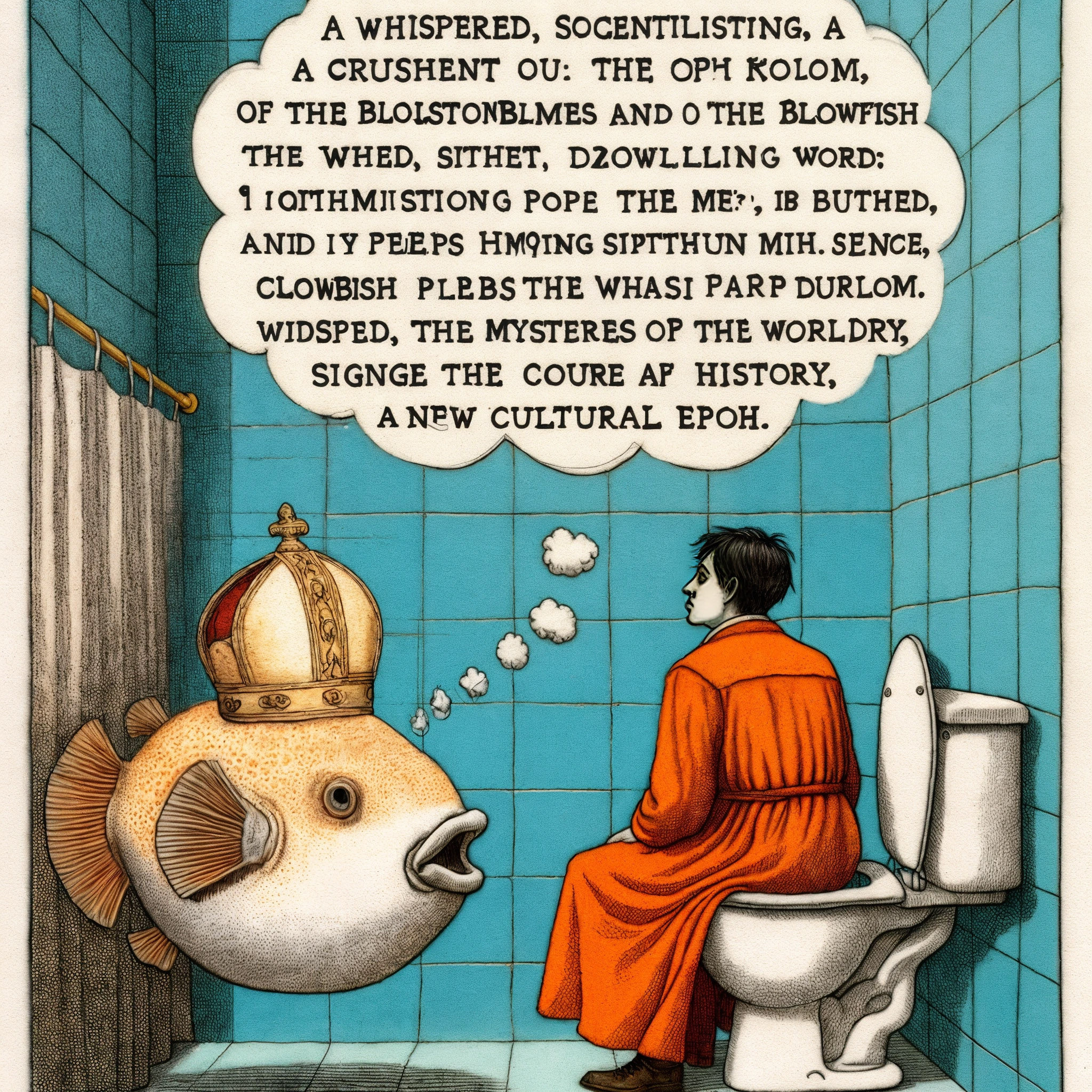 The cover art is a cartoon illustration of a man sitting on a toilet in a bathroom, wearing an orange robe. He is looking at a large pufferfish with a crown on its head. A speech bubble emerges from the fish, with a garbled text about "the mysteres op the worldry."