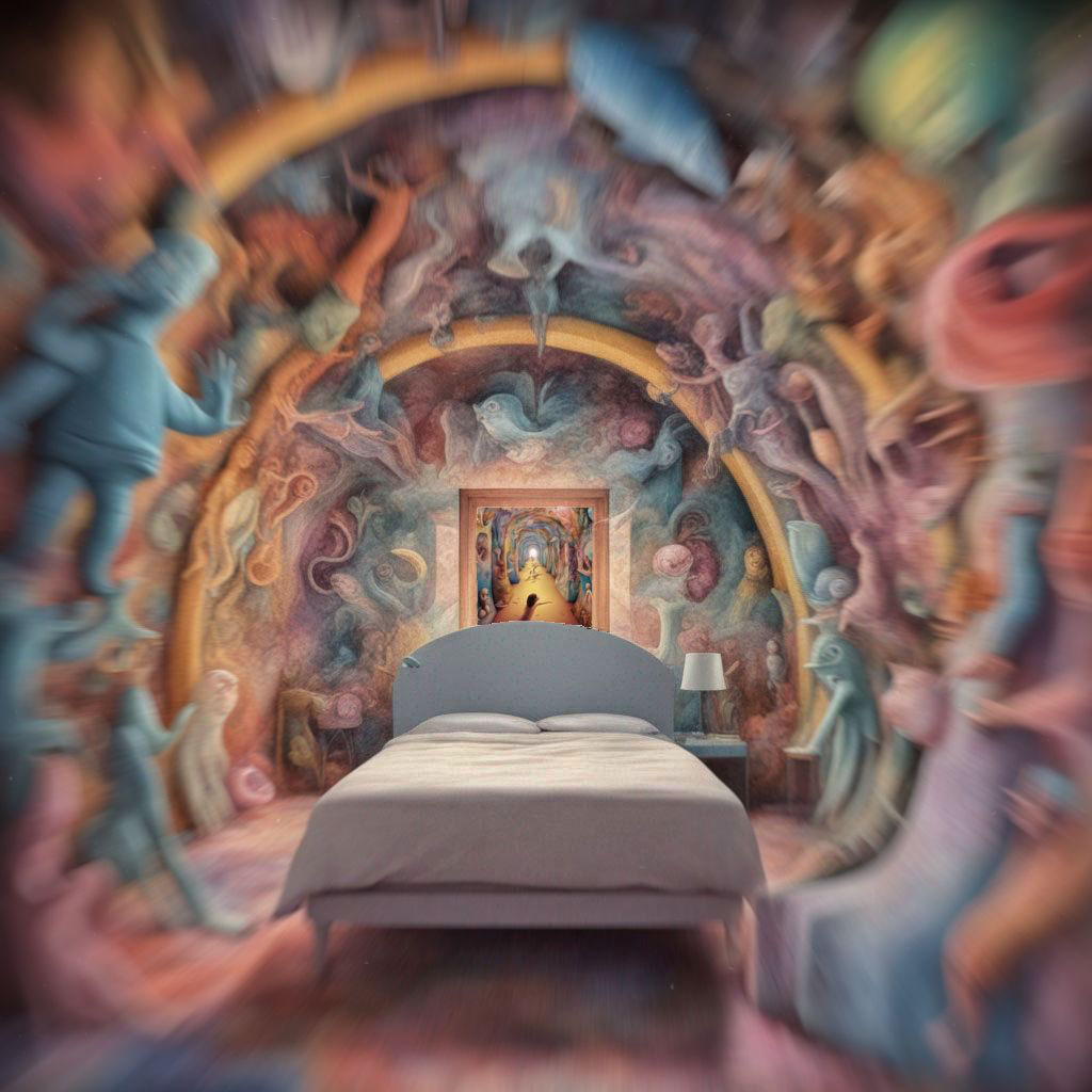 Tychonian Cover Art 002 Das Titelbild zeigt ein Schlafzimmer mit einem Bett in der Mitte und surrealen, verzerrten Figuren und Formen, die die Wände und Decke bedecken, dem Gemälde eines Korridors über dem Bett sowie einem digitalen Button, der Little Nemo in seinem Bett zeigt.